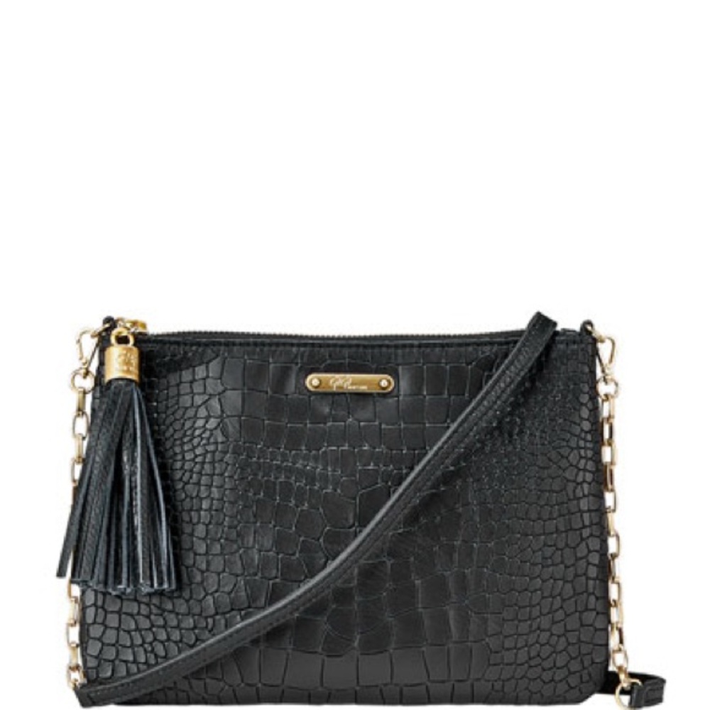 GiGi New York Black Croc-Embossed Crossbody with Gold Chain